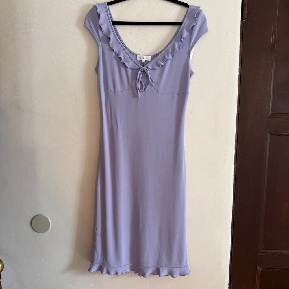 90s Vintage Parallel Lavender Purple Empire Waist Midi Dress | Large